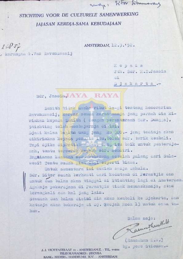Surat perihal karangan G. Van Ravenzwaaij dari Ramadhan K.H untuk H.B. Jassin