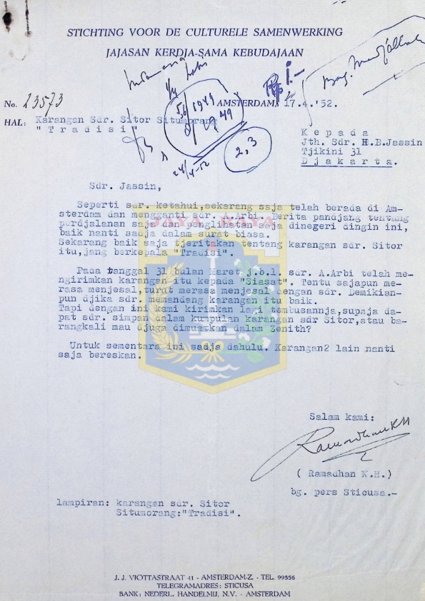 Surat perihal karangan Sdr Sitor Situmorang ''Tradisi''