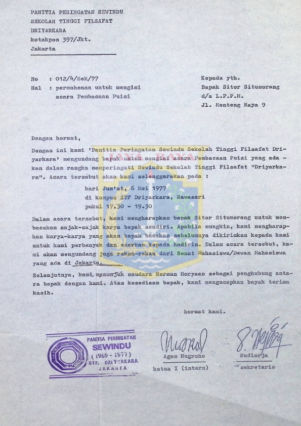 Surat permohonan kepada Sitor Situmorang untuk mengisi acara pembacaan puisi