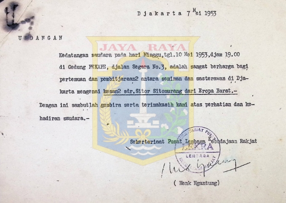 Surat undangan dari Henk Ngantung untuk Sitor Situmorang