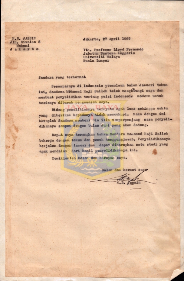 Surat untuk Prof. Lloyd Fernando