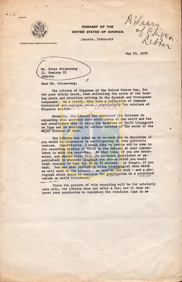 Surat untuk Sitor Situmorang dari Donald H. Albright Library of Congress