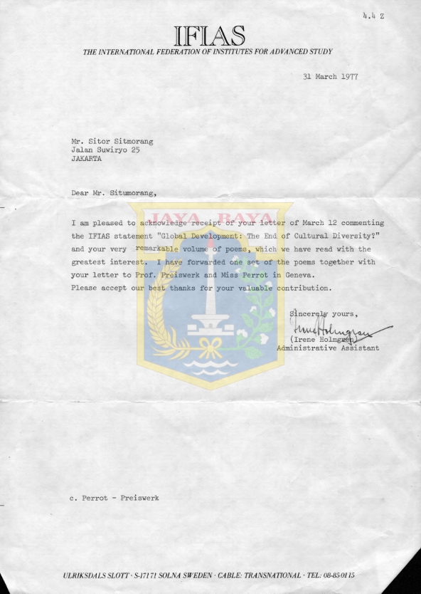 Surat untuk Sitor Situmorang dari Irene Holmgren