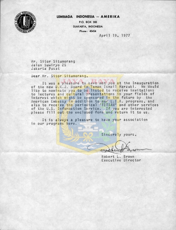 Surat untuk Sitor Situmorang dari Robert L. Brown