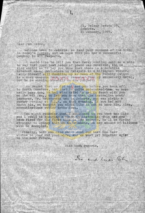 Surat untuk Sitor Situmorang tentang kepulangannya di Indonesia