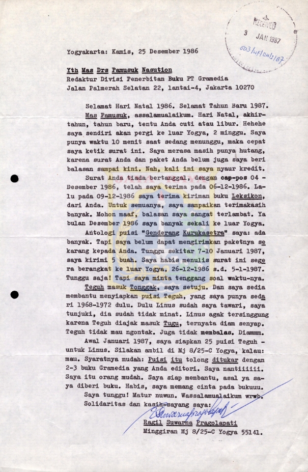 Surat untuk Pamusuk Eneste dari Ragil Suwarna Pragolapati (25 Desember 1986)