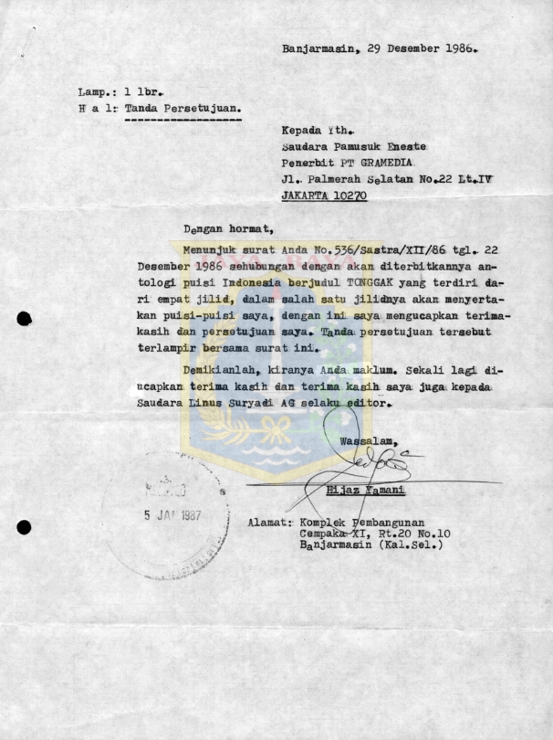 Surat untuk Pamusuk Eneste dari Hijaz Yamani (29 Desember 1986)