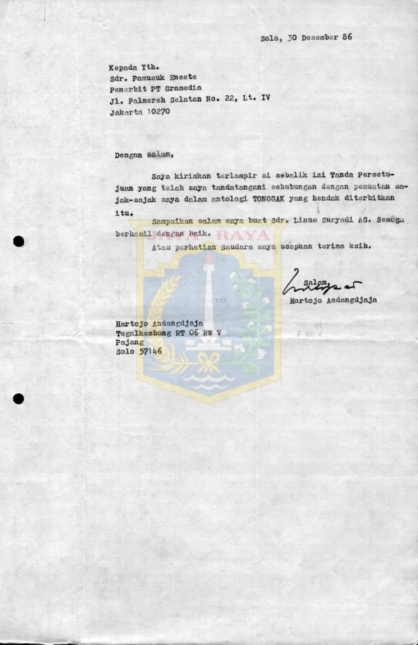 Surat untuk Pamusuk Eneste dari Hartojo Andangdjaja (30 Desember 1986)