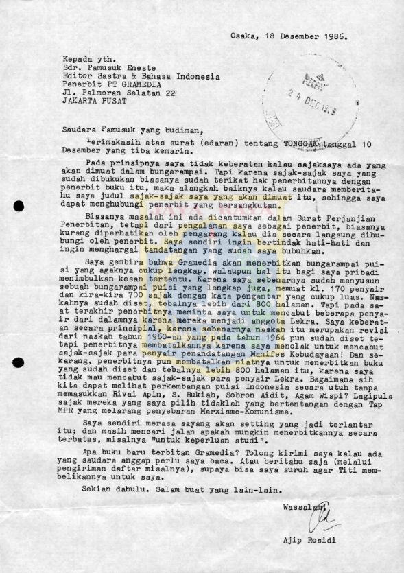 Surat untuk Pamusuk Eneste dari Ajip Rosidi (18 Desember 1986)