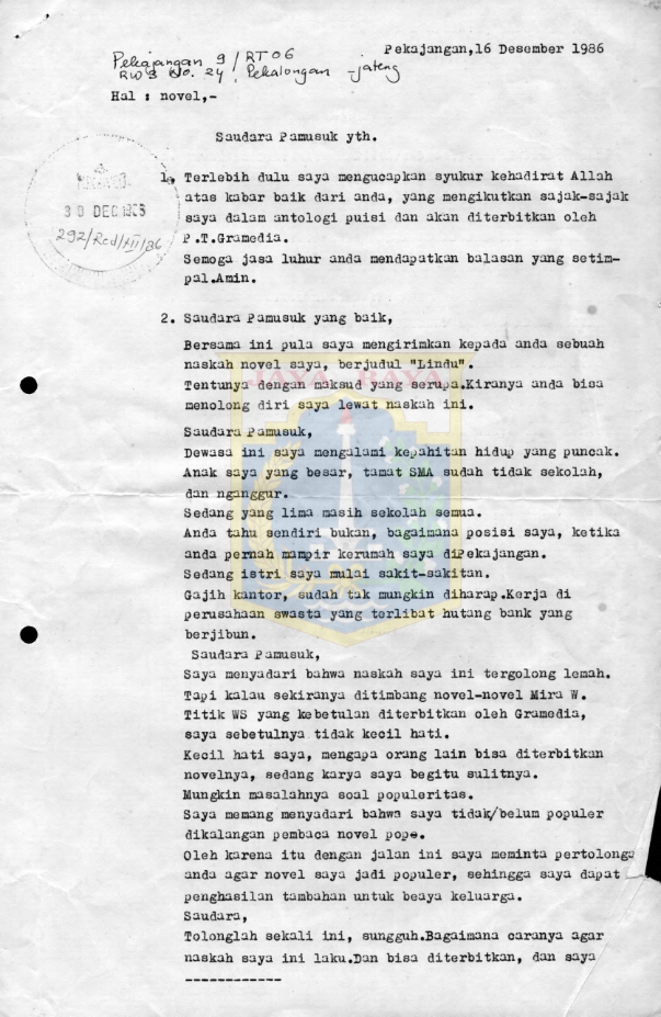 Surat untuk Pamusuk Eneste dari Yunus Mukri Adi (16 Desember 1986)