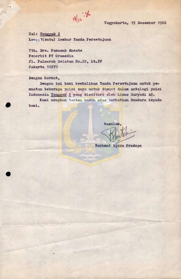 Surat untuk Pamusuk Eneste dari Rachmat Djoko Pradopo (15 Desember 1986)