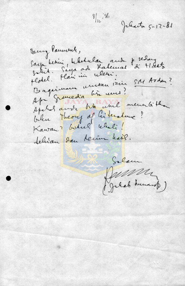 Surat tulisan tangan untuk Pamusuk Eneste dari Jakob Soemardjo (5 Desember 1986)