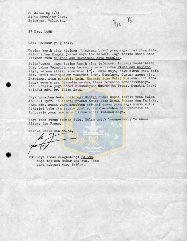 Surat untuk Pamusuk Eneste dari Umar Junus (25 November 1986)