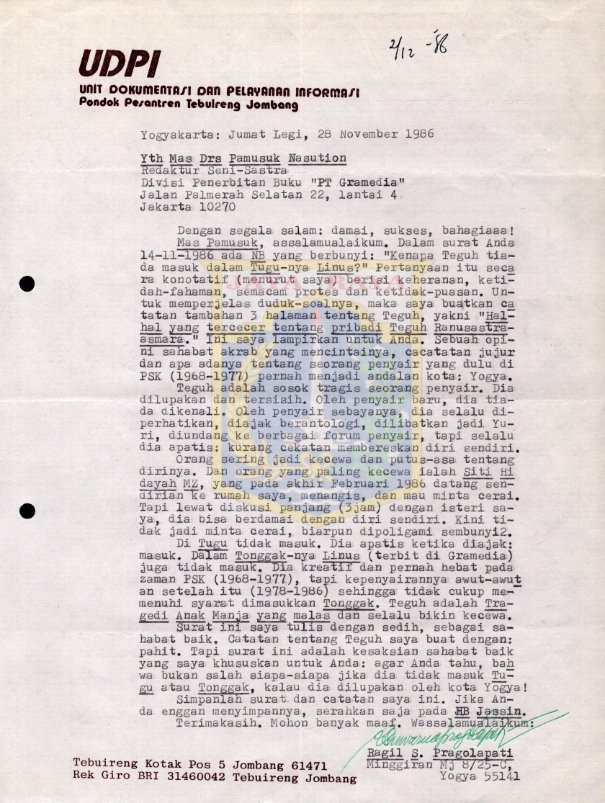 Kumpulan surat untuk Pamusuk Eneste dari Ragil Suwarna Pragolapati (27-28 November 1986)