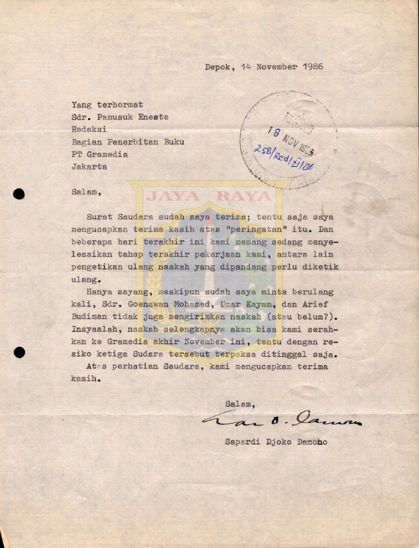 Surat untuk Pamusuk Eneste dari Sapardi Djoko Damono (14 November 1986)