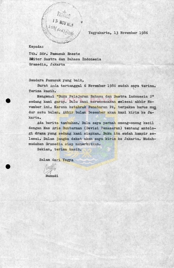 Surat untuk Pamusuk Eneste dari Rumadi (13 November 1986)