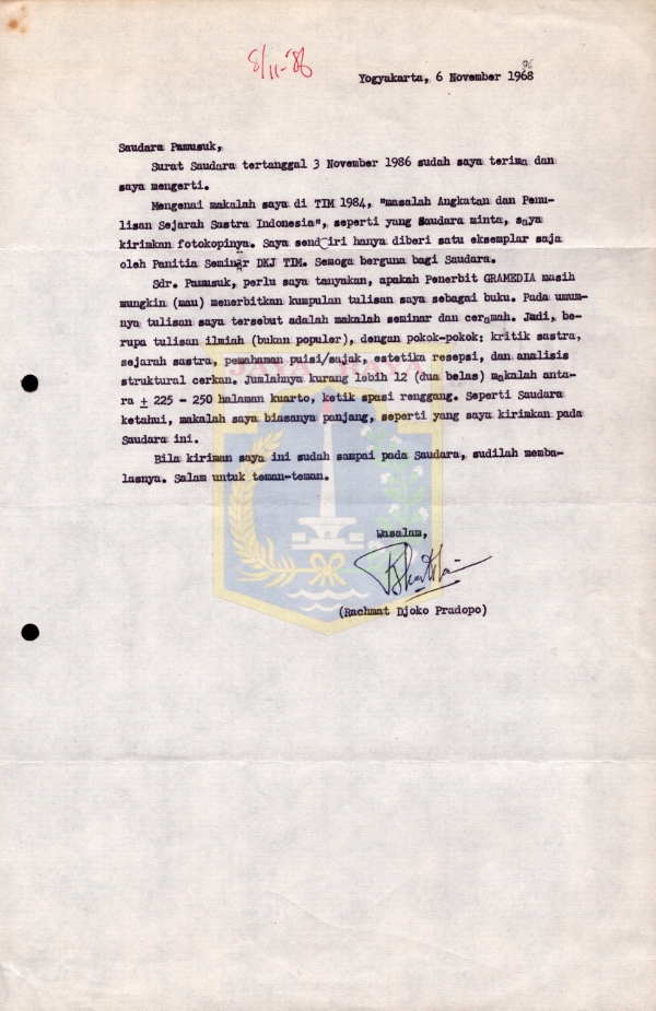Surat untuk Pamusuk Eneste dari Rachmat Djoko Pradopo (6 November 1986)