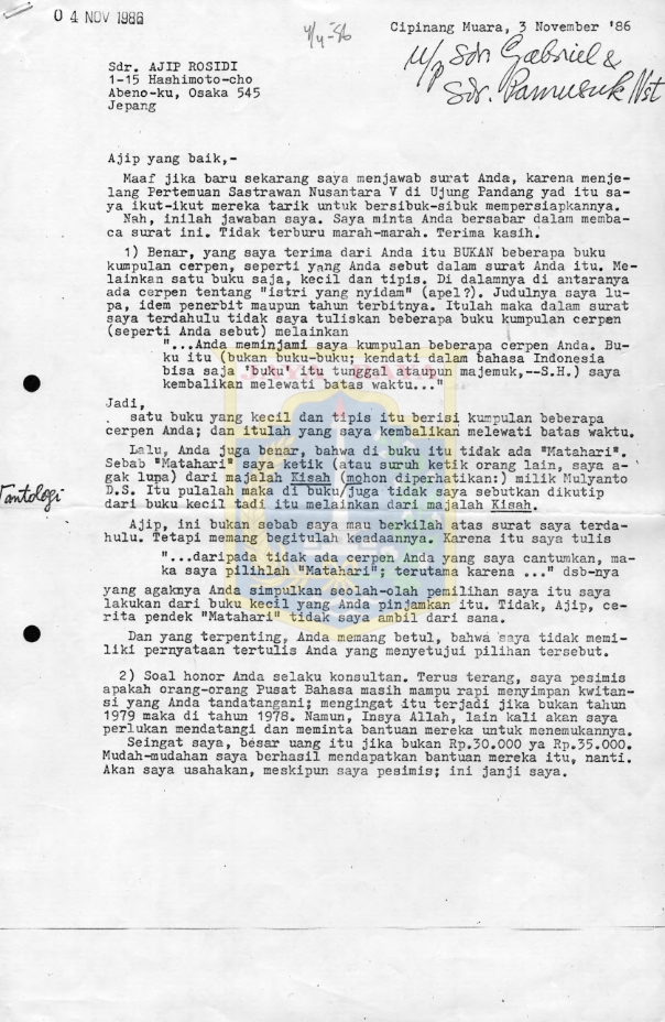 Surat untuk Ajip Rosidi dari Satyagraha Hoerip/Oyik (3 November 1986)