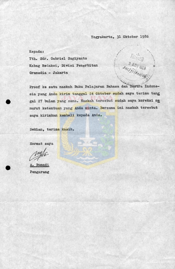 Surat untuk Gabriel Sugiyanto dari A. Rumadi (31 Oktober 1986)