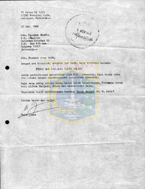 Surat untuk Pamusuk Eneste dari Umar Junus (31 Oktober 1986)