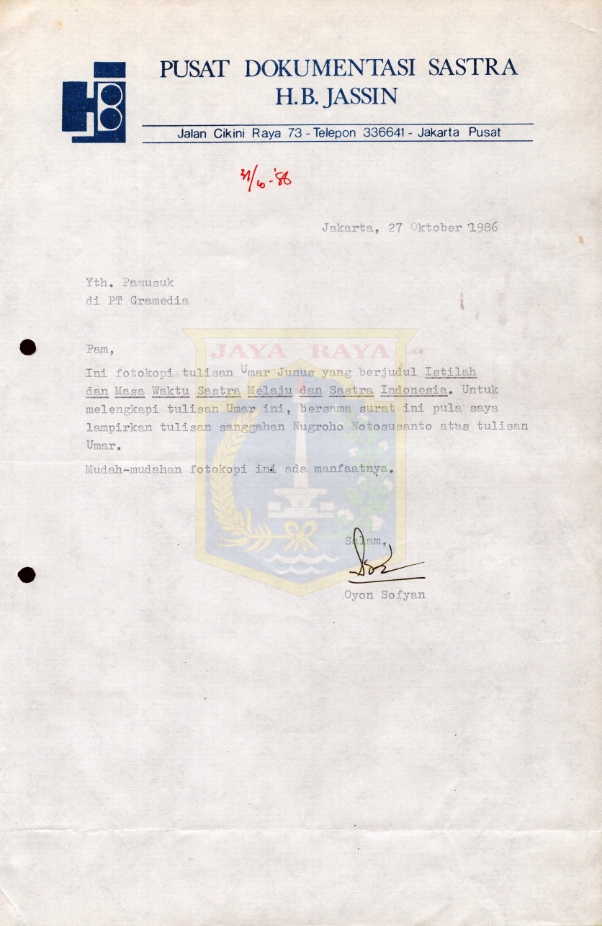Surat untuk Pamusuk Eneste dari Oyon Sofyan (27 Oktober 1986)