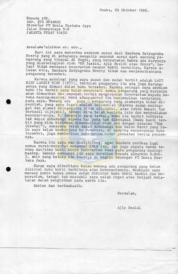Surat dari Ajip Rosidi untuk Yus Rusamsi dan Satyagraha Hoerip (24 Oktober 1986)