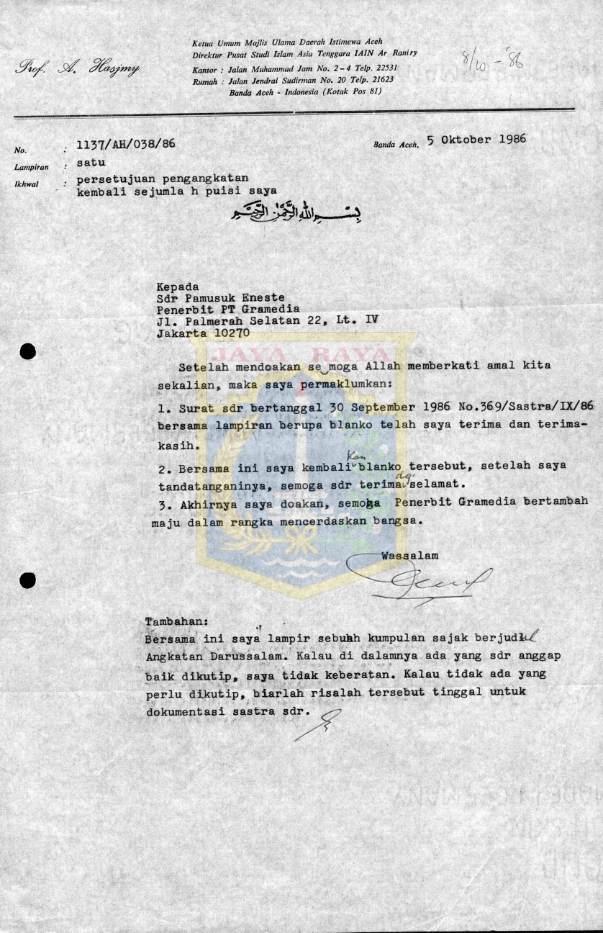 Surat untuk Pamusuk Eneste dari A. Hasjmy (5 Oktober 1986)