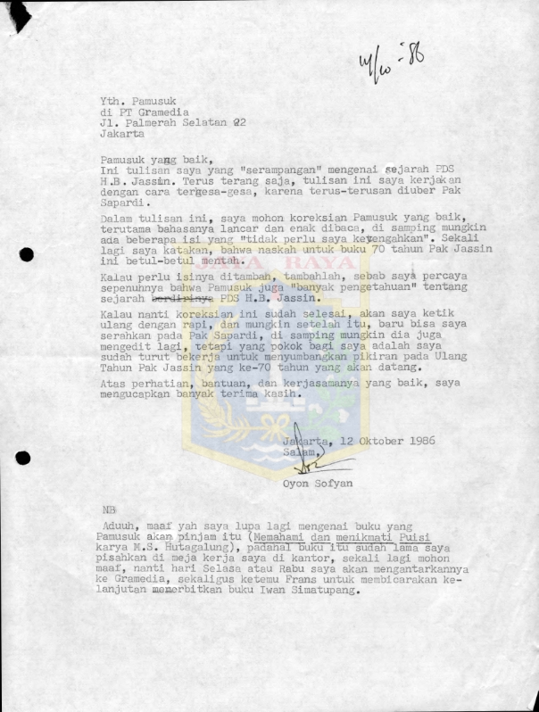 Surat untuk Pamusuk Eneste dari Oyon Sofyan (12 Oktober 1986)