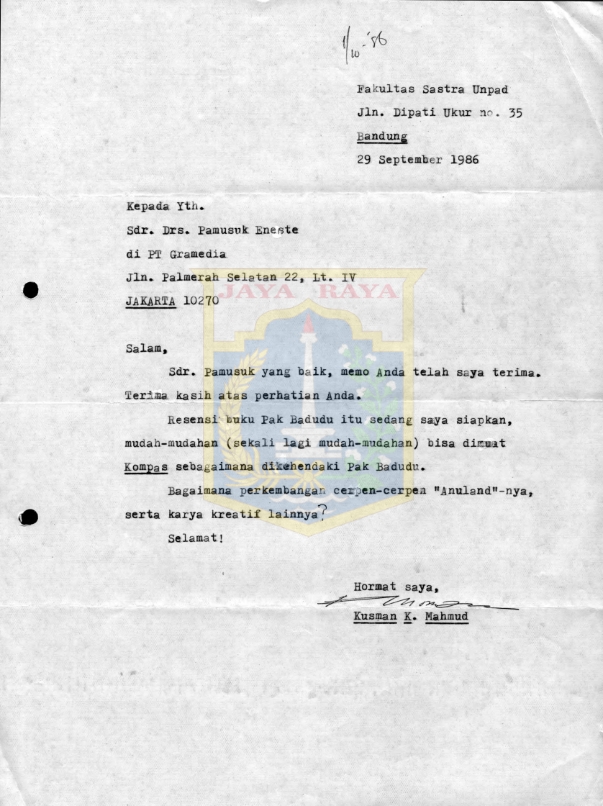 Surat untuk Pamusuk Eneste dari Kusman K. Mahmud (29 September 1986)