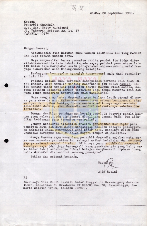 Surat untuk Penerbit Gramedia dari Ajip Rosidi (20 September 1986)