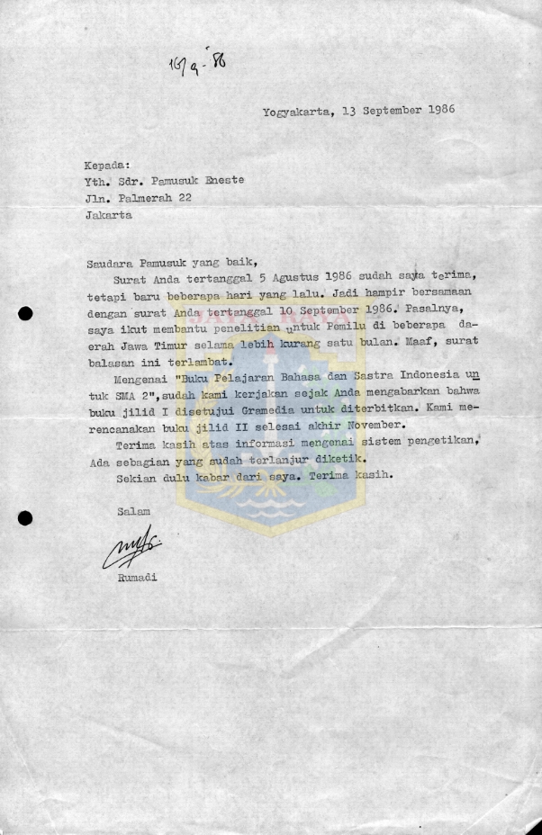 Surat untuk Pamusuk Eneste dari Rumadi (13 September 1986)