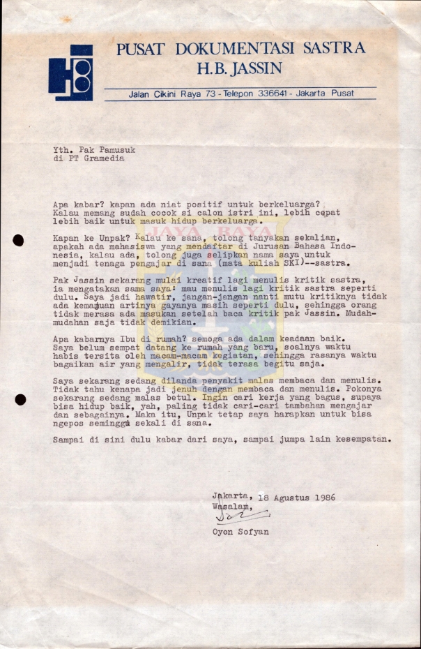 Surat untuk Pamusuk Eneste dari Oyon Sofyan (18 Agustus 1986)