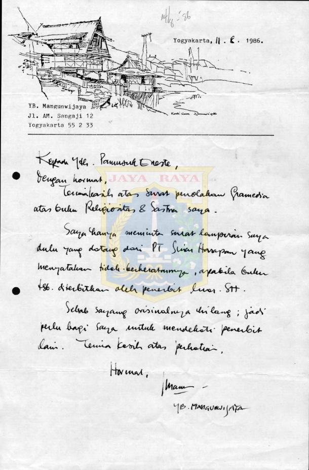 Surat untuk Pamusuk Eneste dari Y.B. Mangunwijaya (11 Agustus 1986)