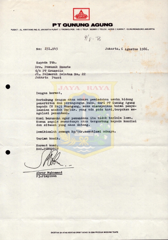 Surat untuk Pamusuk Eneste dari Abrar Muhammad (6 Agustus 1986)
