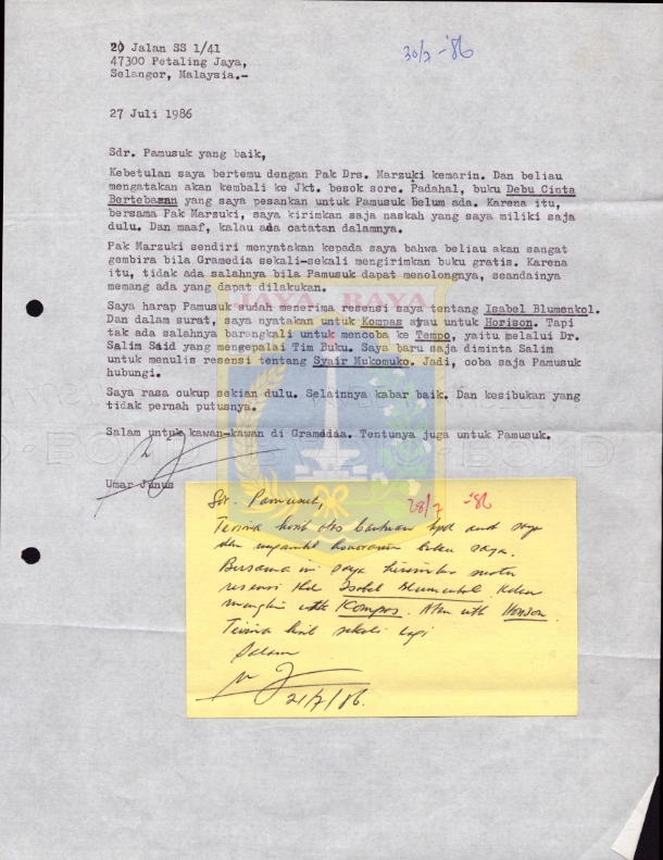 Surat untuk Pamusuk Eneste dari Umar Junus (27 Juli 1986)