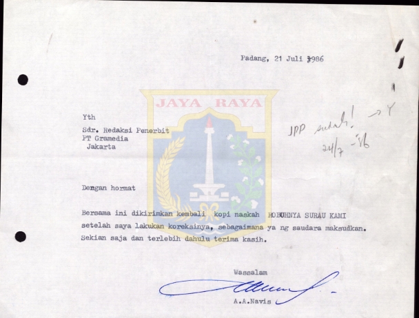 Surat untuk Redaksi Penerbit PT Gramedia dari A.A. Navis (21 Juli 1986)