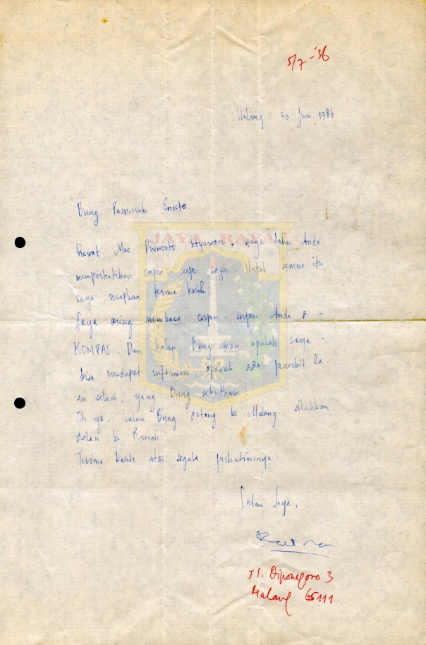 Surat tulisan tangan untuk Pamusuk Eneste (30 Juni 1986)