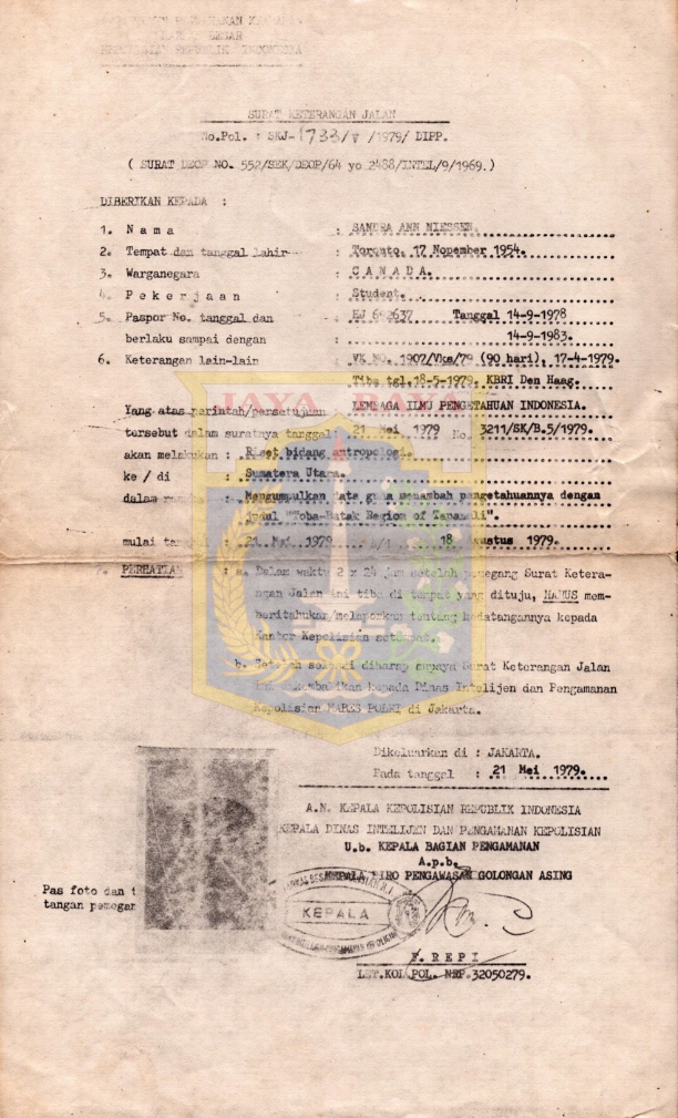 Surat ketrangan jalan Sandra Ann Niessen