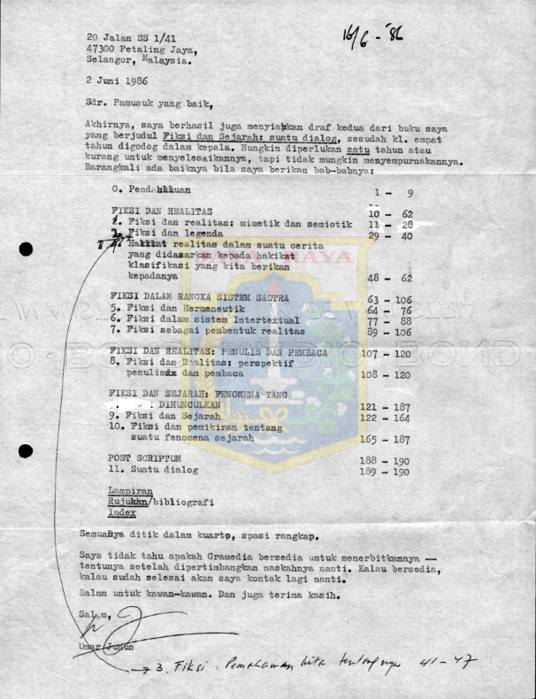 Surat untuk Pamusuk Eneste dari Umar Junus (2 Juni 1986)