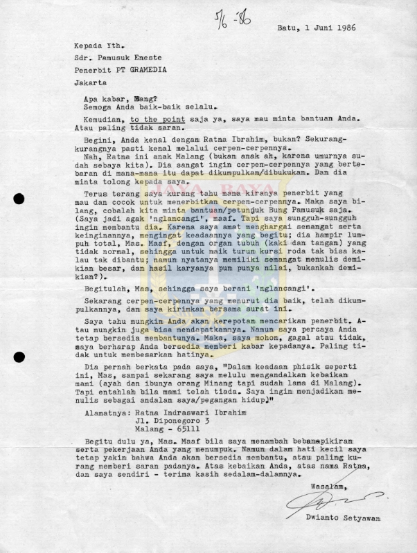 Surat untuk Pamusuk Eneste dari Dwianto Setyawan (1 Juni 1986)