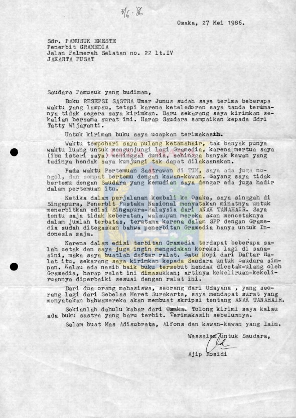 Surat untuk Pamusuk Eneste dari Ajip Rosidi (27 Mei 1986)