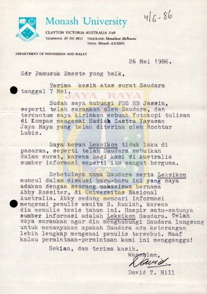 Surat untuk Pamusuk Eneste dari David T. Hill (26 Mei 1986)