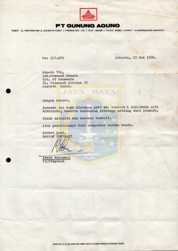 Surat untuk Pamusuk Eneste dari Abrar Muhammad (23 Mei 1986)
