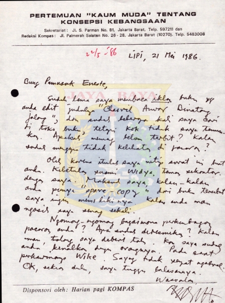 Surat tulisan tangan untuk Pamusuk Eneste (21 Mei 1986)