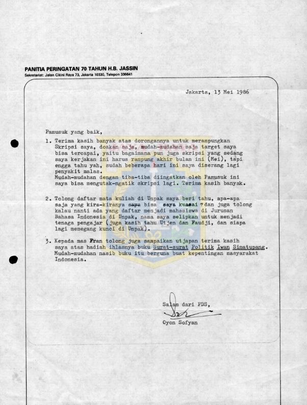 Surat untuk Pamusuk Eneste dari Oyon Sofyan (13 Mei 1986)