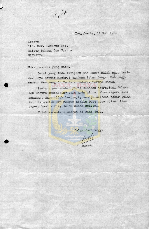 Surat untuk Pamusuk Eneste dari Rumadi (11 Mei 1986)