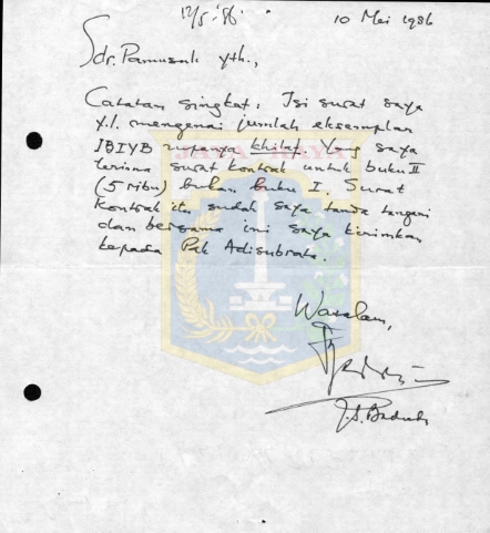 Surat-surat untuk Pamusuk Eneste dari J.S. Badudu (6 & 10 Mei 1986)