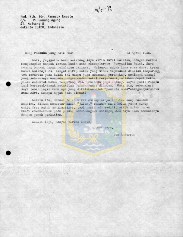 Surat untuk Pamusuk Eneste dari Ben Anderson (22 April 1986)