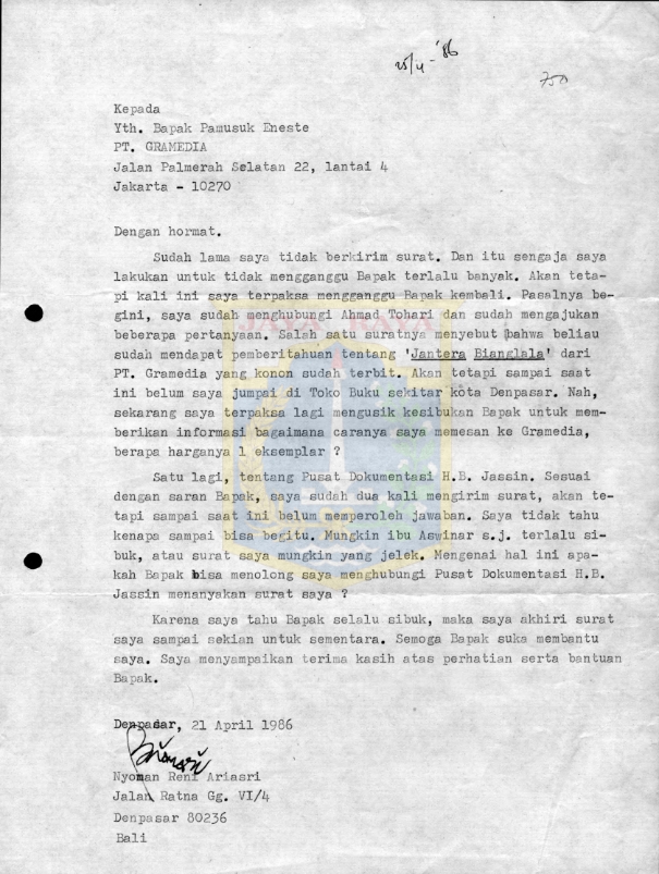 Surat untuk Pamusuk Eneste dari Nyoman Reni Ariasri (21 April 1986)