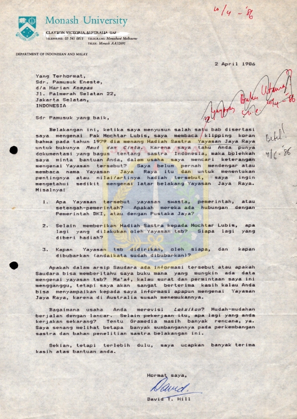 Surat untuk Pamusuk Eneste dari David T. Hill (2 April 1986)